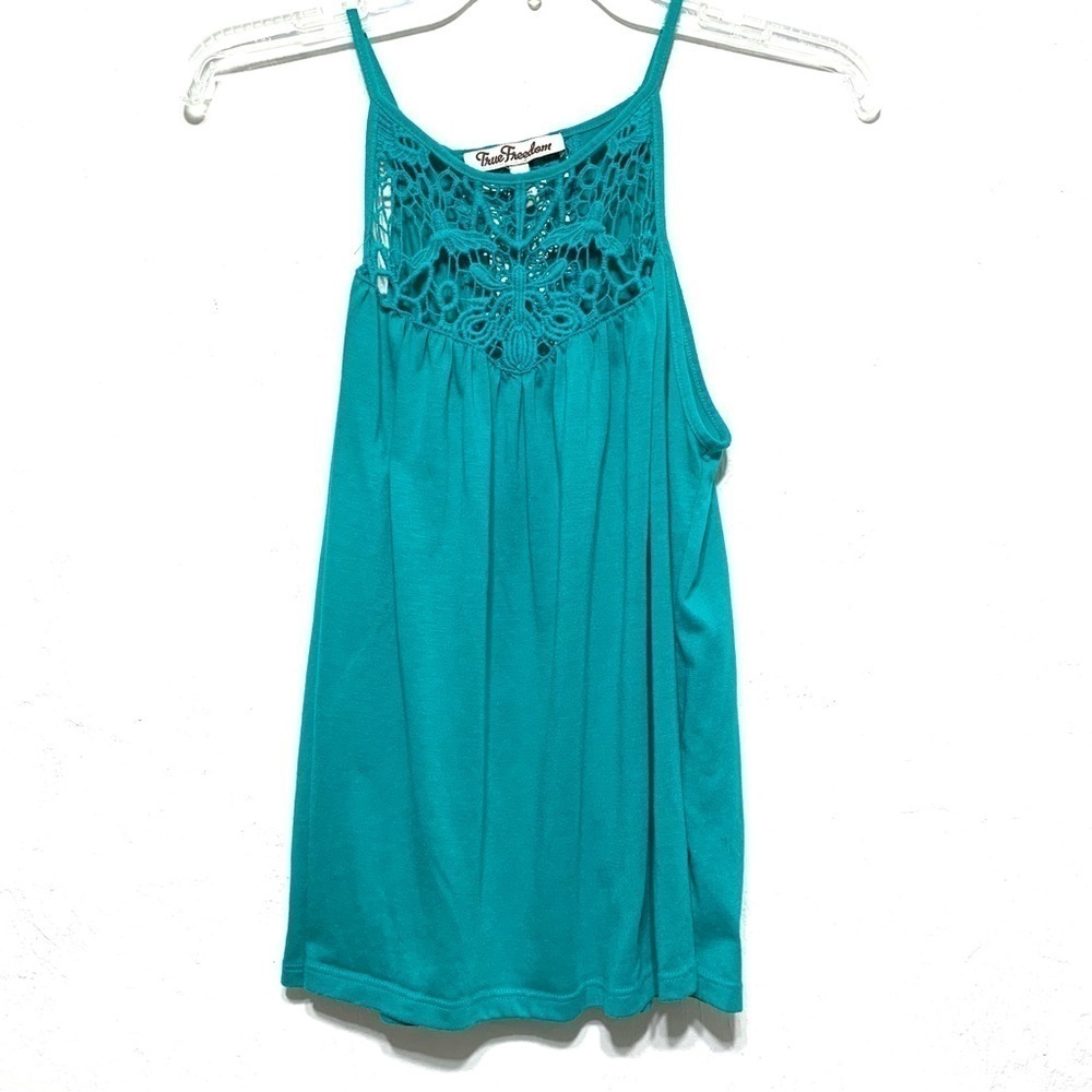 True Freedom Open Back Crochet Tank Top Teal Blue Green size Medium